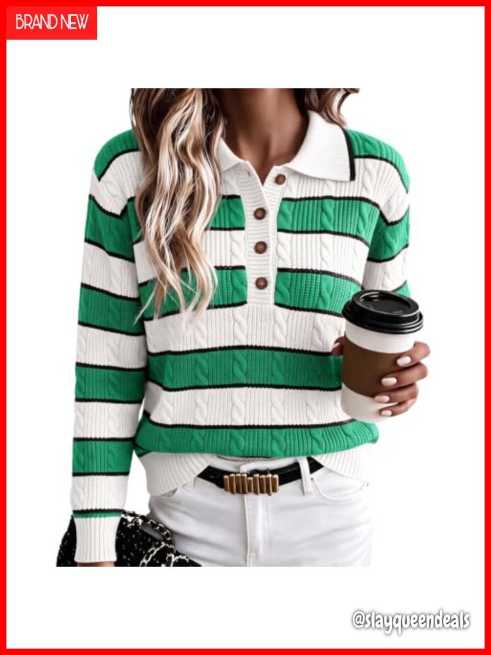 Women's Cable Knit Polo V-Neck Striped Pullover Sweater Long Sleeve